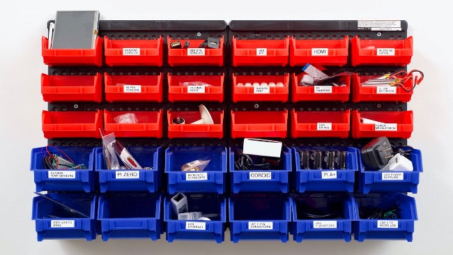 Organized bins of equipment Organized bins of equipment