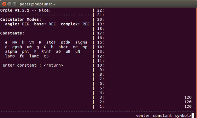 Orpie constants Orpie constants