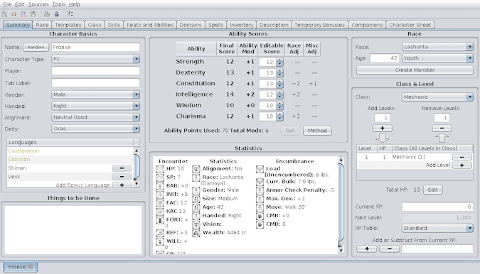 Character building with PCGEN PCGen dashboard showing a character summary