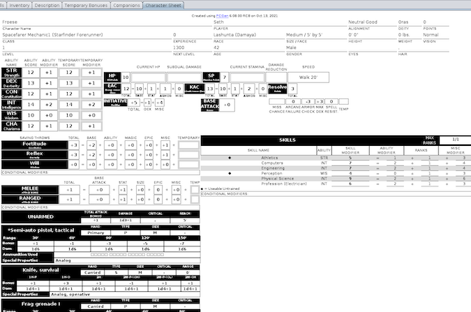 rendered character sheet A traditional-looking RPG character sheet rendered by PC Gen