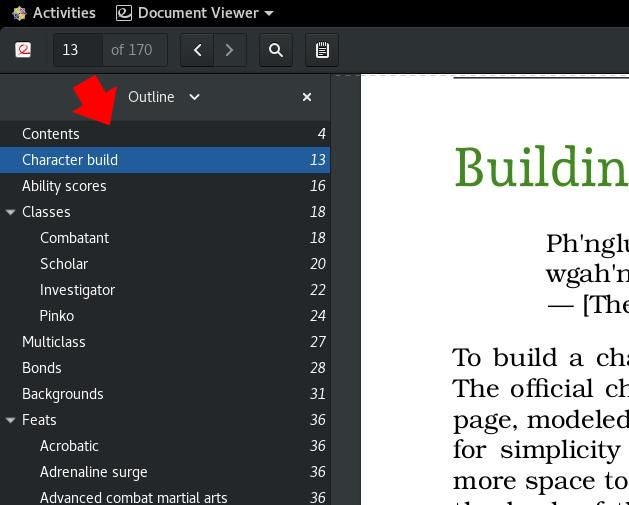 table of contents Screenshot of a sidebar table of contents next to a PDF