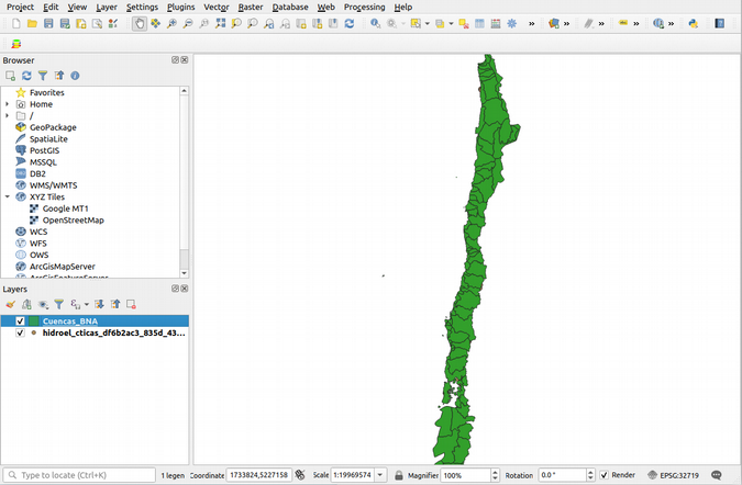 QGIS screen showing watershed layer covering plant data QGIS screen showing watershed layer covering plant data