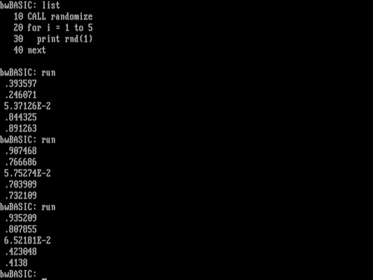 Generating lists of random numbers Bywater BASIC
