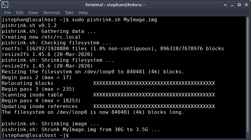 Invoking the pishrink.sh script Invoking the pishrink.sh script