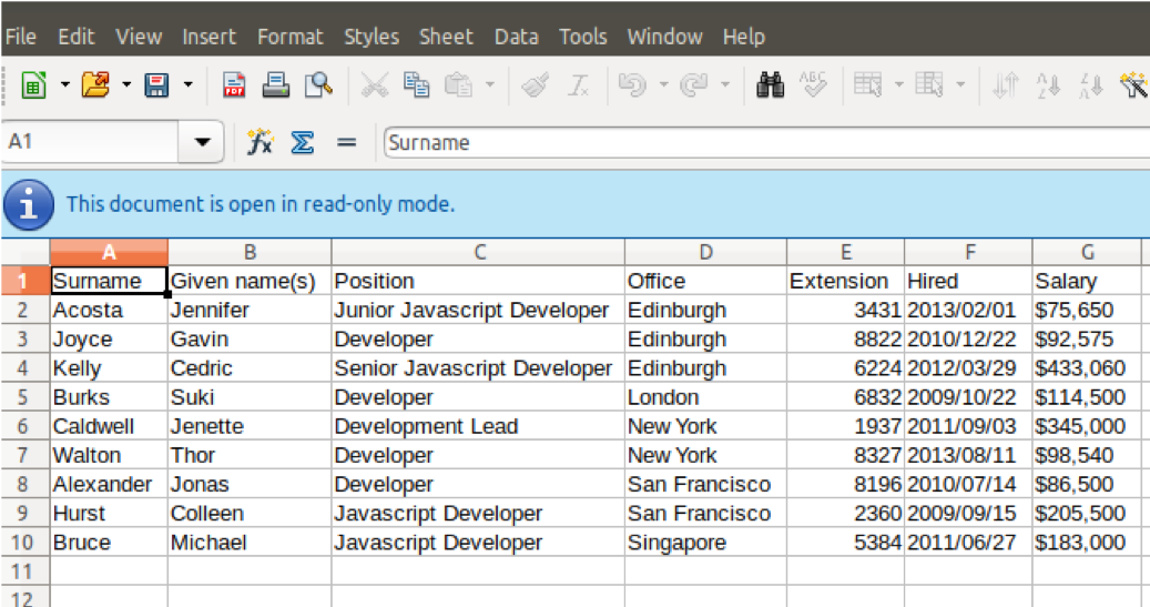 CSV data in LibreOffice screenshot CSV data in LibreOffice