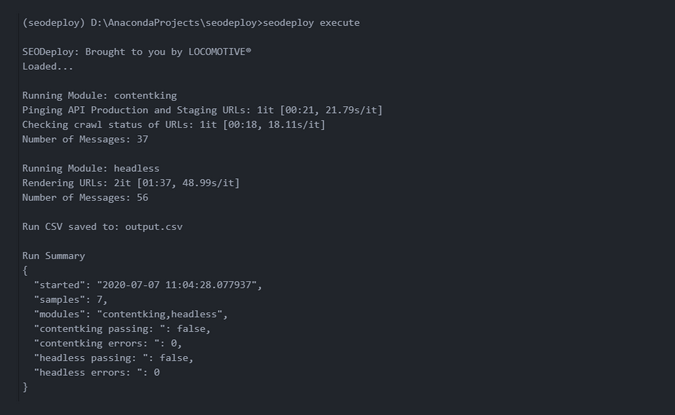 SEODeploy output SEODeploy output
