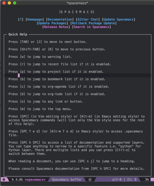 Spacemacs help screen Spacemacs help screen