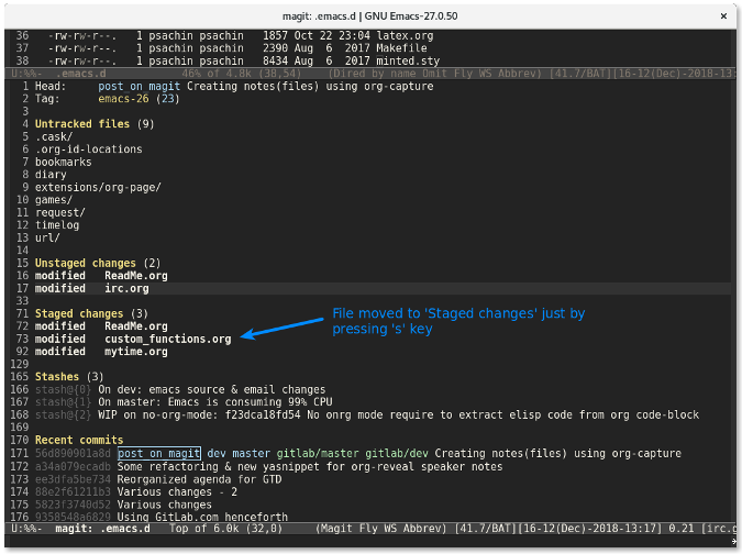 Use the key 's' to stage a file Use the key 's' to stage a file