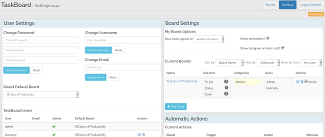 TaskBoard settings TaskBoard settings