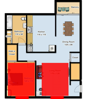 Apartment floor plan showing the bedroom area on the living room AC unit. Apartment floor plan comparing the bedroom to the living room area.