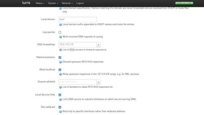 Turris Omnia Screenshot of fields for DNS server settings for Turris Omnia router