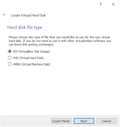 Selecting hard disk file type Selecting hard disk file type