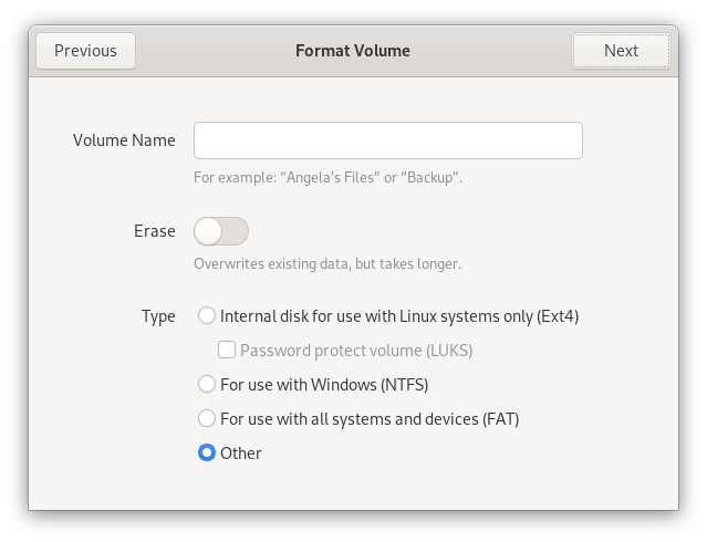 Selecting "other" for partition volume type Selecting "other" for partition volume type