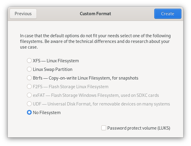 Setting "No filesystem" on new partition Setting "No filesystem" on new partition