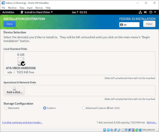 Selecting Custom partition configuration Selecting Custom partition configuration