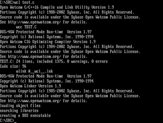 Compiling the test program with OpenWatcom compiling with OpenWatcom