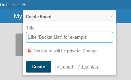 Wekan create/import board page