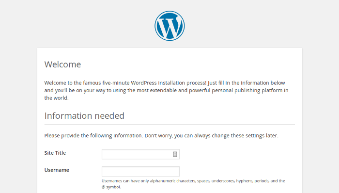 WordPress site setup screen WordPress site setup screen
